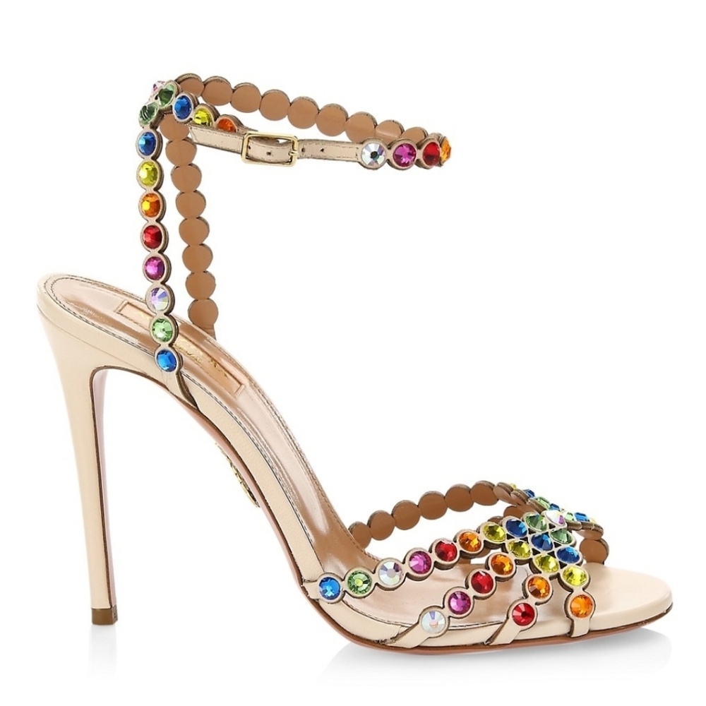 Handmade FSJ Italian Leather Rainbow Crystal Embedded Heels